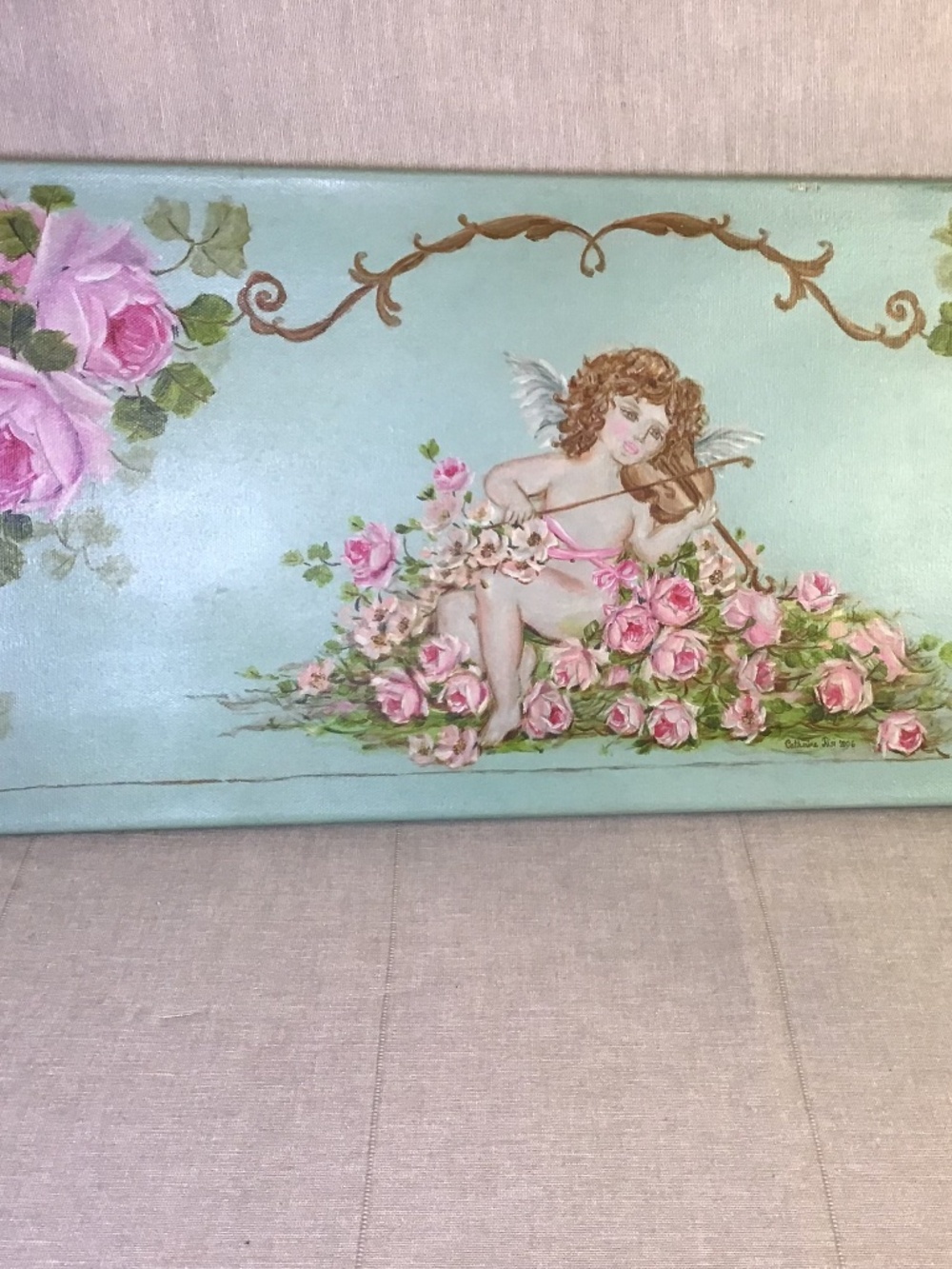 Shabby Chic "Victorian Divine Romance Cherubs & Roses" 20x10 Signed by Artist